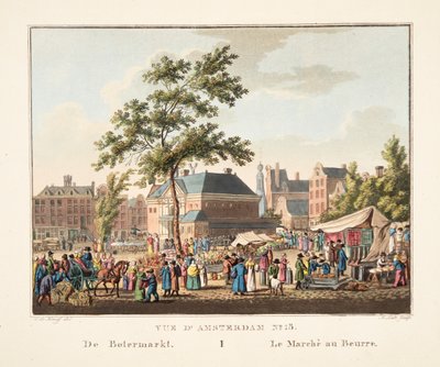 アムステルダムNo.15の眺め。デボターマルクト。 1825年のバター市場（手彫りの彫刻） 作： Cornelis de Kruyff
